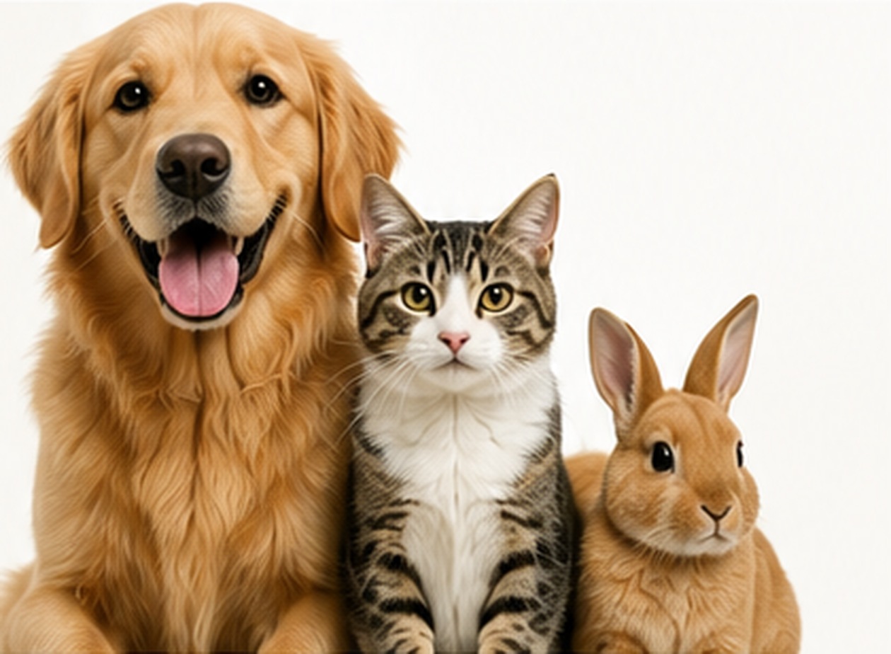 Un chien, un chat et un lapin assis ensemble dans l'herbe